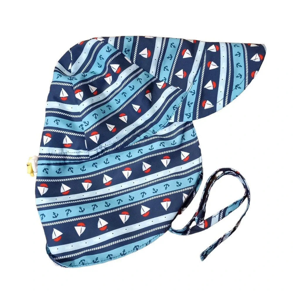 i Play Toddler 2T-4T Blue Green Sun Hat UPF 50+ Neck Covering Comfort Neck Tie